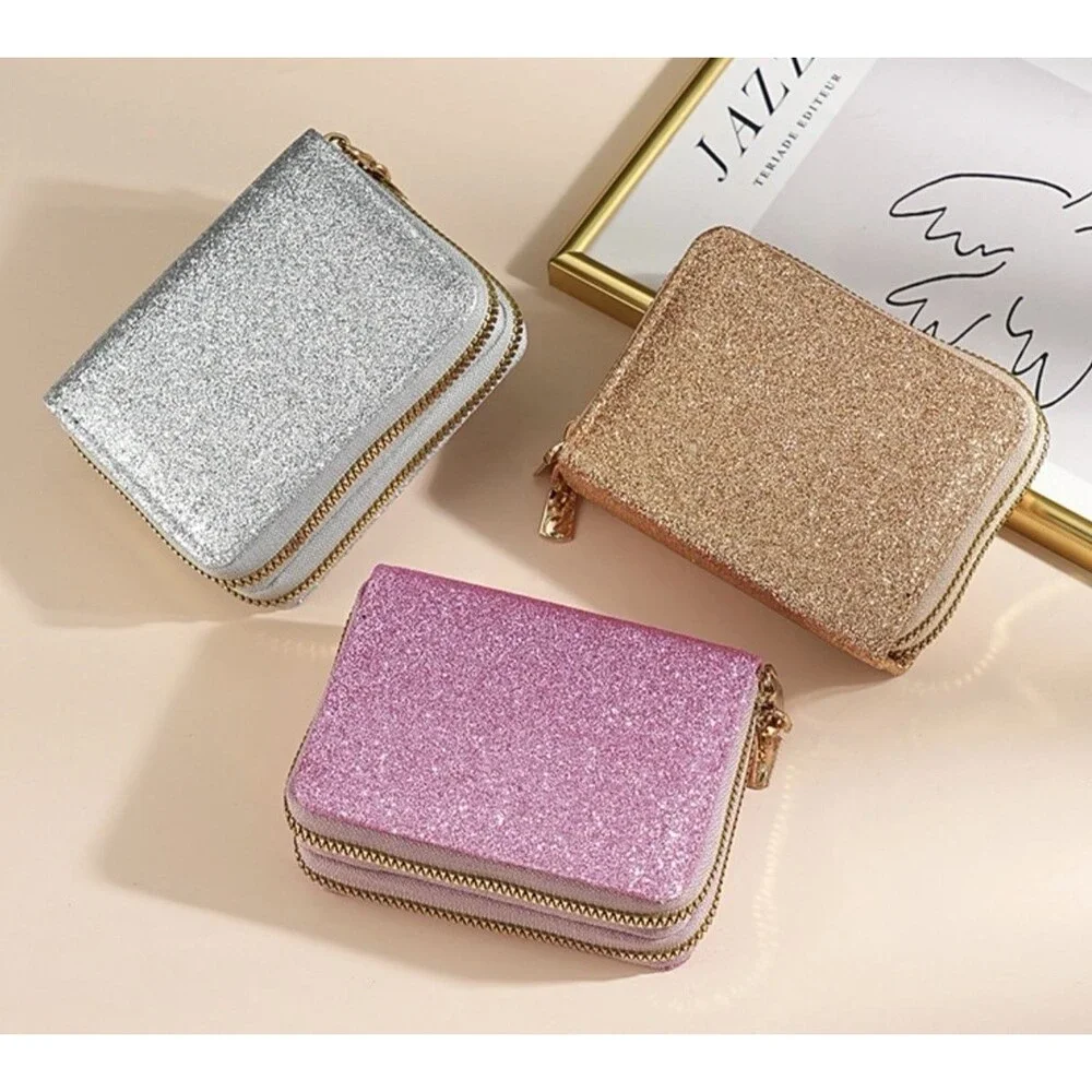 Womens Gold Glitter Wallet Double‎ Zipper Accordion Card Holder Coin Purse